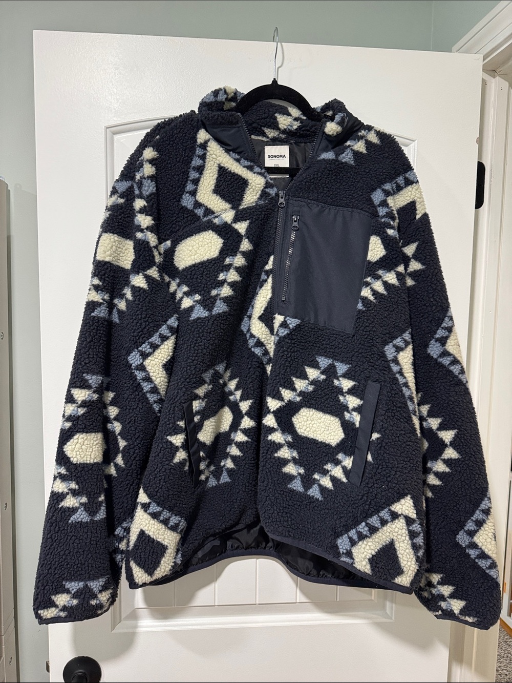 Sonoma Navy, Cream & Light Blue Geometric Sherpa Jacket